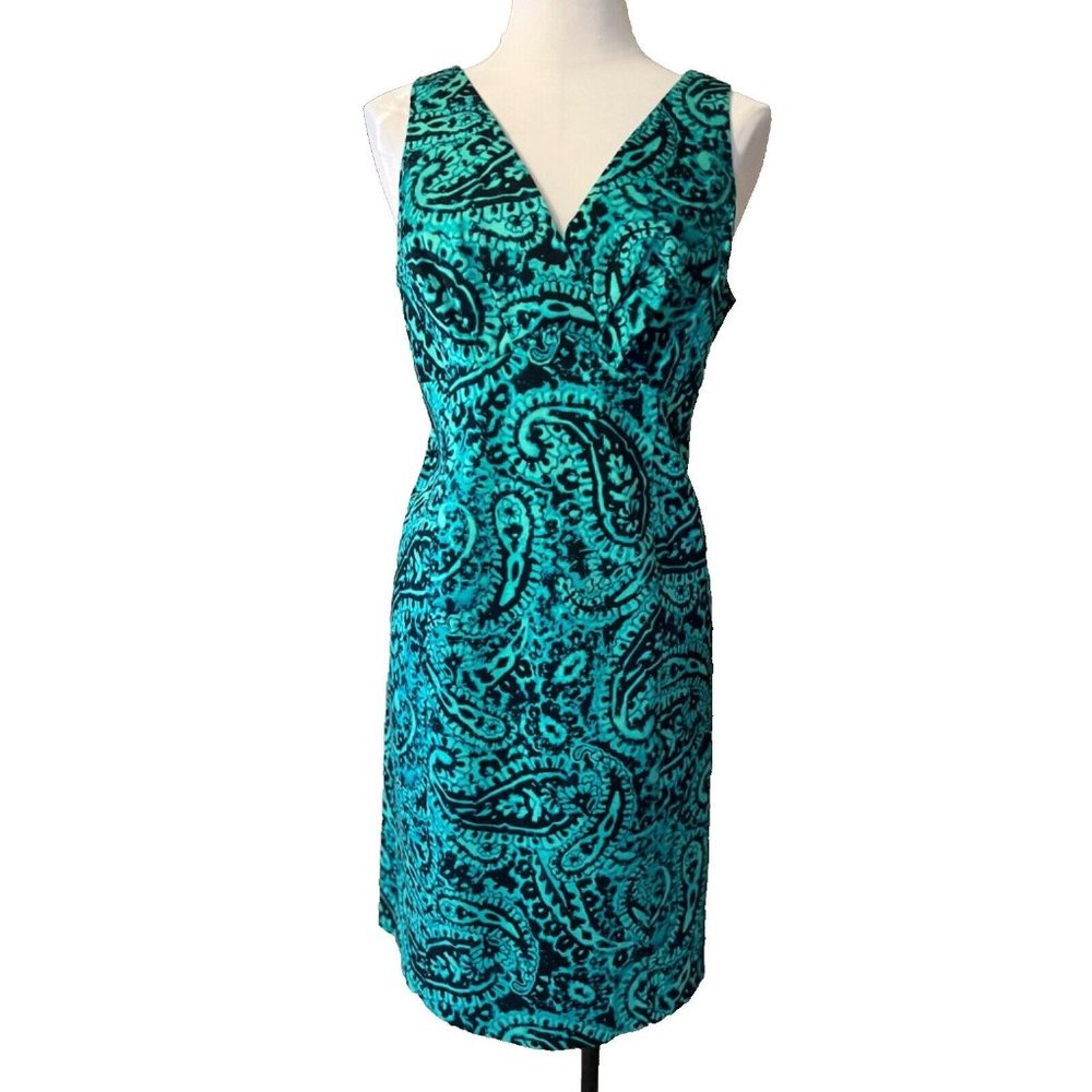 Jones New York Dress 10 Stretch Cotton Sheath Green Blue Paisley Washable - Picture 2 of 12